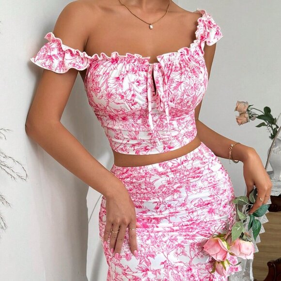 Hot Pink Boho Women's Ruffle Trim Ruffled 2-Piece Set - Picture 4 of 6